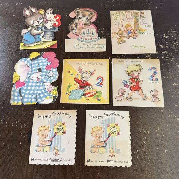 Other - Vintage Birthday Cards Lot Of 8 1940s For 1, 2 & 3 Year Old Elephant Bunny Teddy